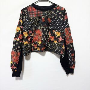 Zara Womens Sweatshirt Size S Black Multi Patchwork Floral Plaid Boho Cropped